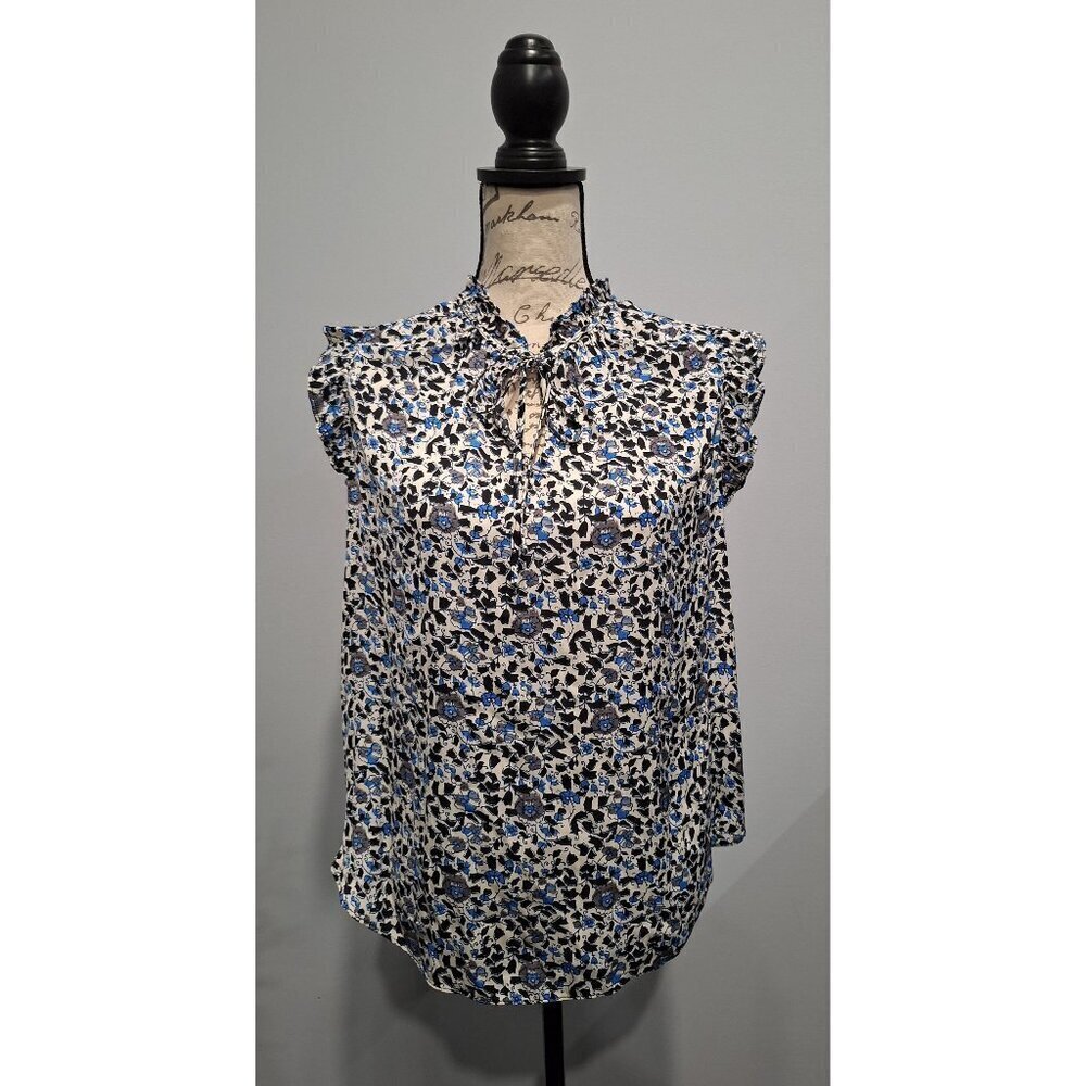 EUC Rachel Roy Black/White/Blue Floral Ruffle Trim Sleeveless Blouse With Tie Ne